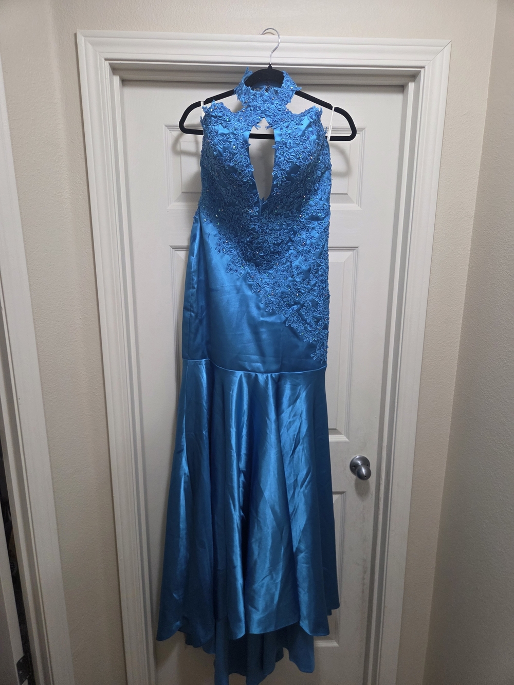 Blue Lace Appliqué High-Neck Evening Gown